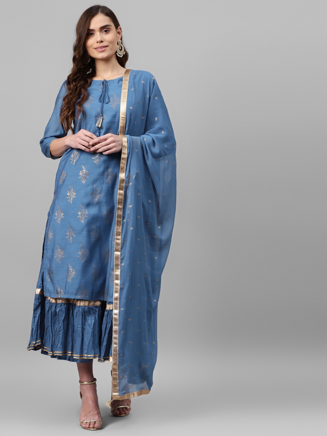 

Rangriti Women Blue Ethnic Motifs Printed Kurta with Skirt & With Dupatta