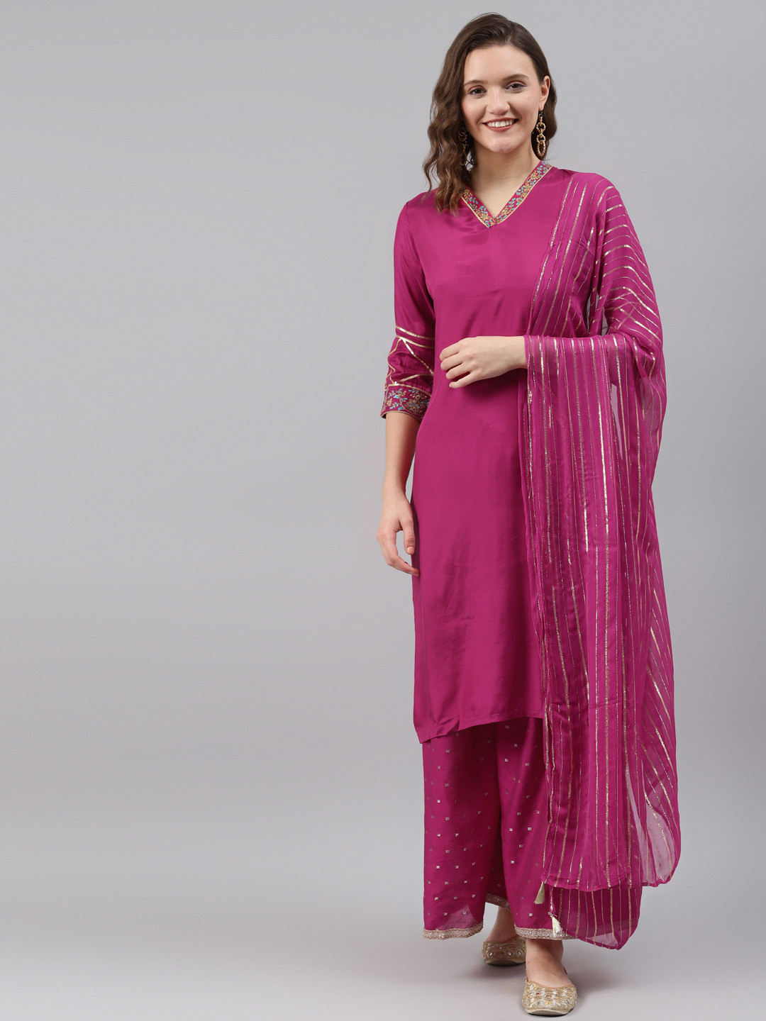 

Rangriti Women Magenta Regular Kurta with Palazzos & With Dupatta