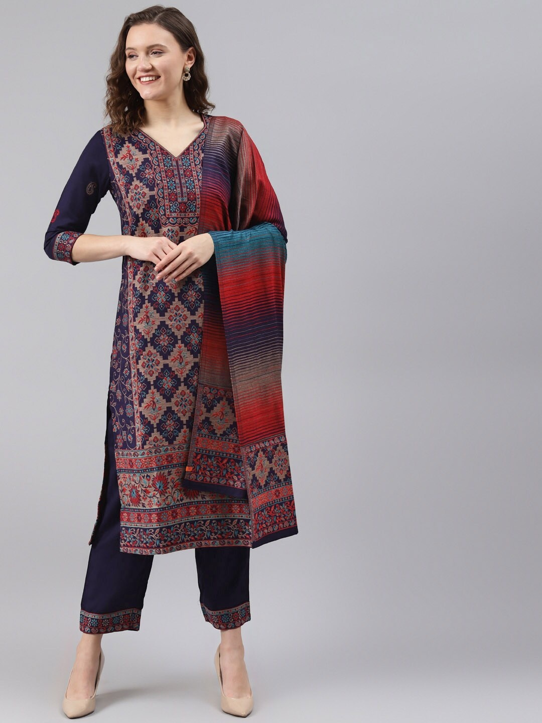 

Rangriti Women Navy Blue Printed Regular Kurta with Palazzos & With Dupatta