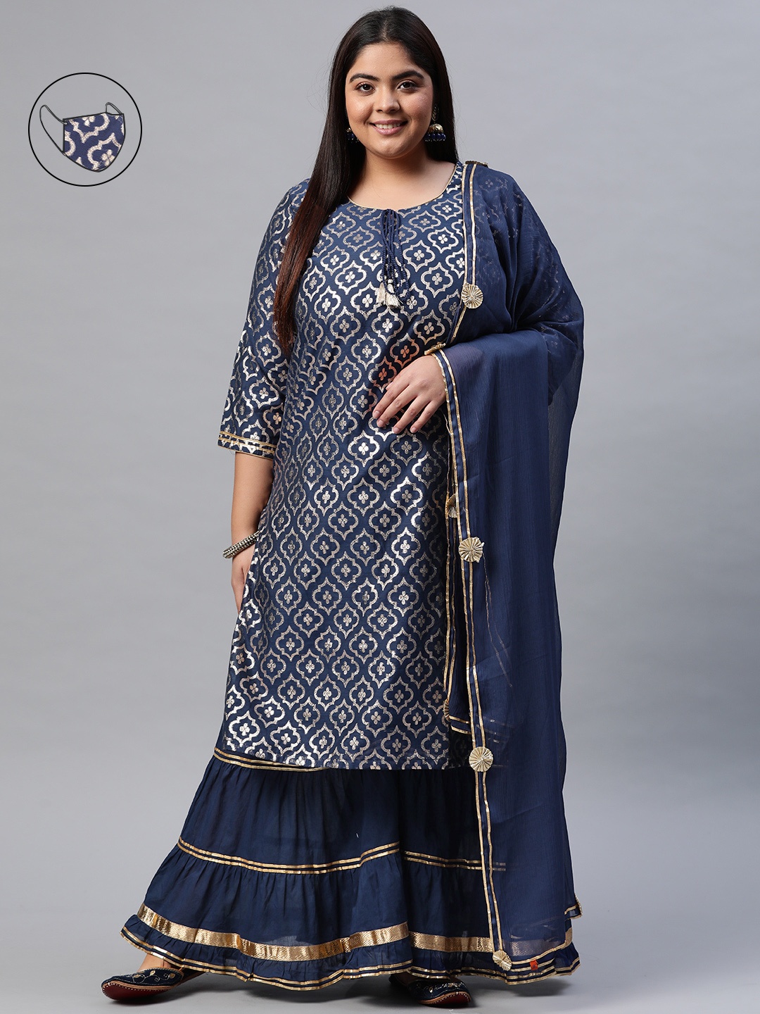 

Rangriti Women Blue Ethnic Motifs Printed Regular Gotta Patti Kurta with Sharara & With Dupatta