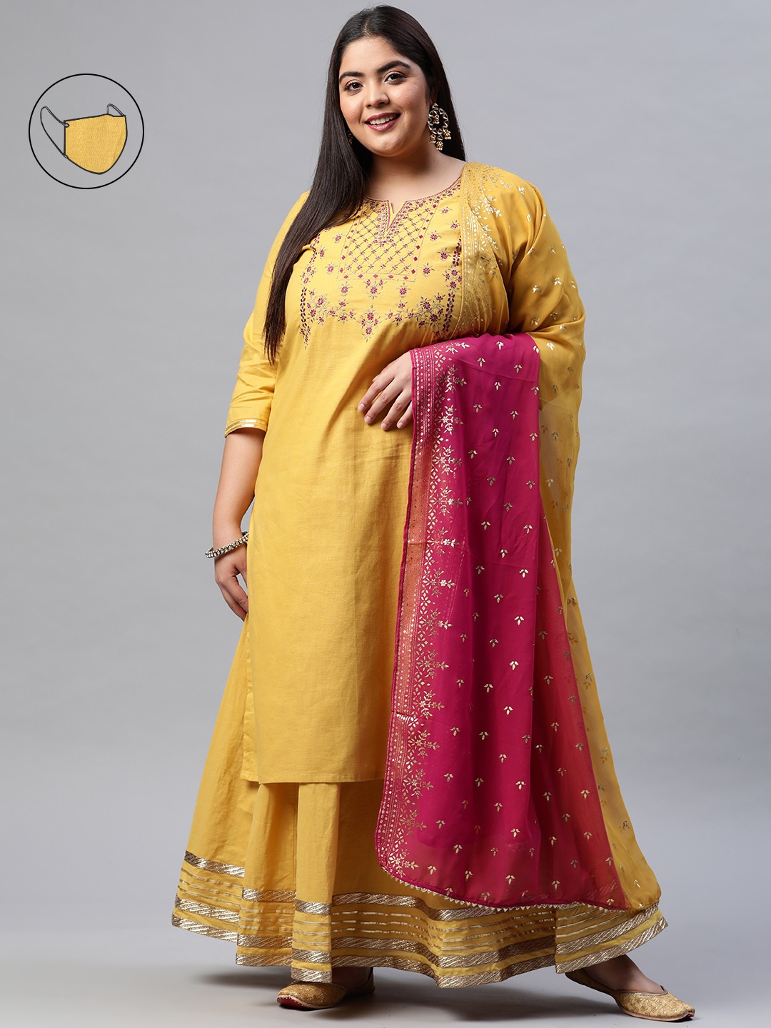 

Rangriti Women Mustard Yellow Ethnic Motifs Embroidered Gotta Patti Pure Cotton Kurta Set