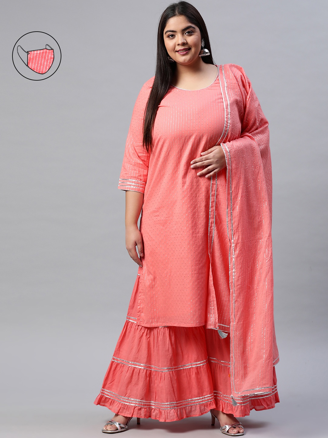 

Rangriti Women Peach-Coloured Regular Kurta with Sharara & With Dupatta