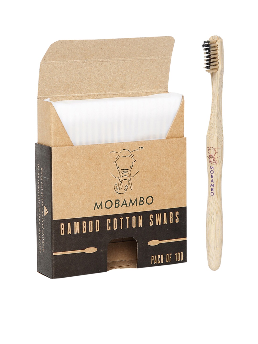 

MOBAMBO Set Of 2 Bamboo Toothbrushes With 1 Cotton Swabs, Brown