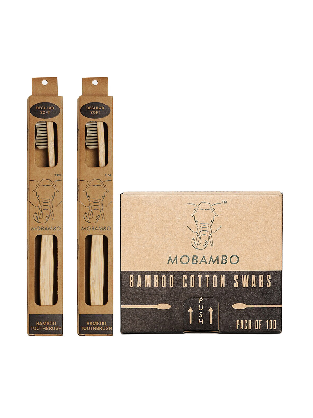 

MOBAMBO Set Of 2 Bamboo Toothbrushes With 1 Cotton Swabs, Brown