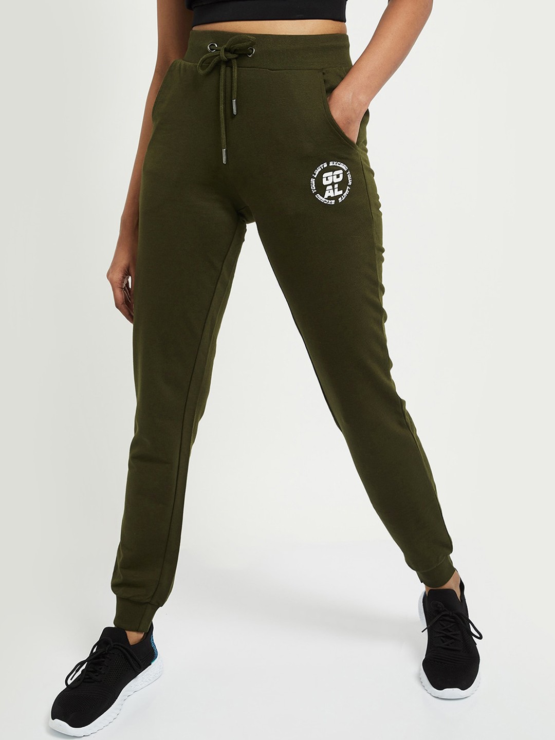 

max Women Olive Green Solid Pure Cotton Joggers