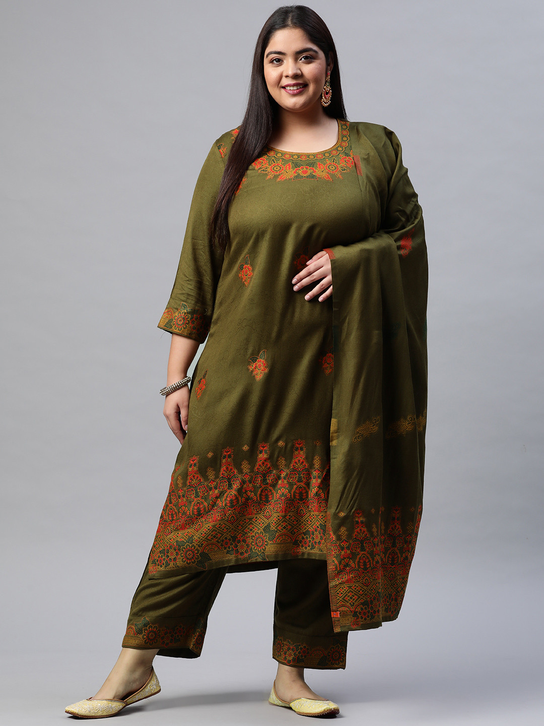 

Rangriti Women Olive Green Ethnic Motifs Printed Regular Kurta with Palazzos & With Dupatta