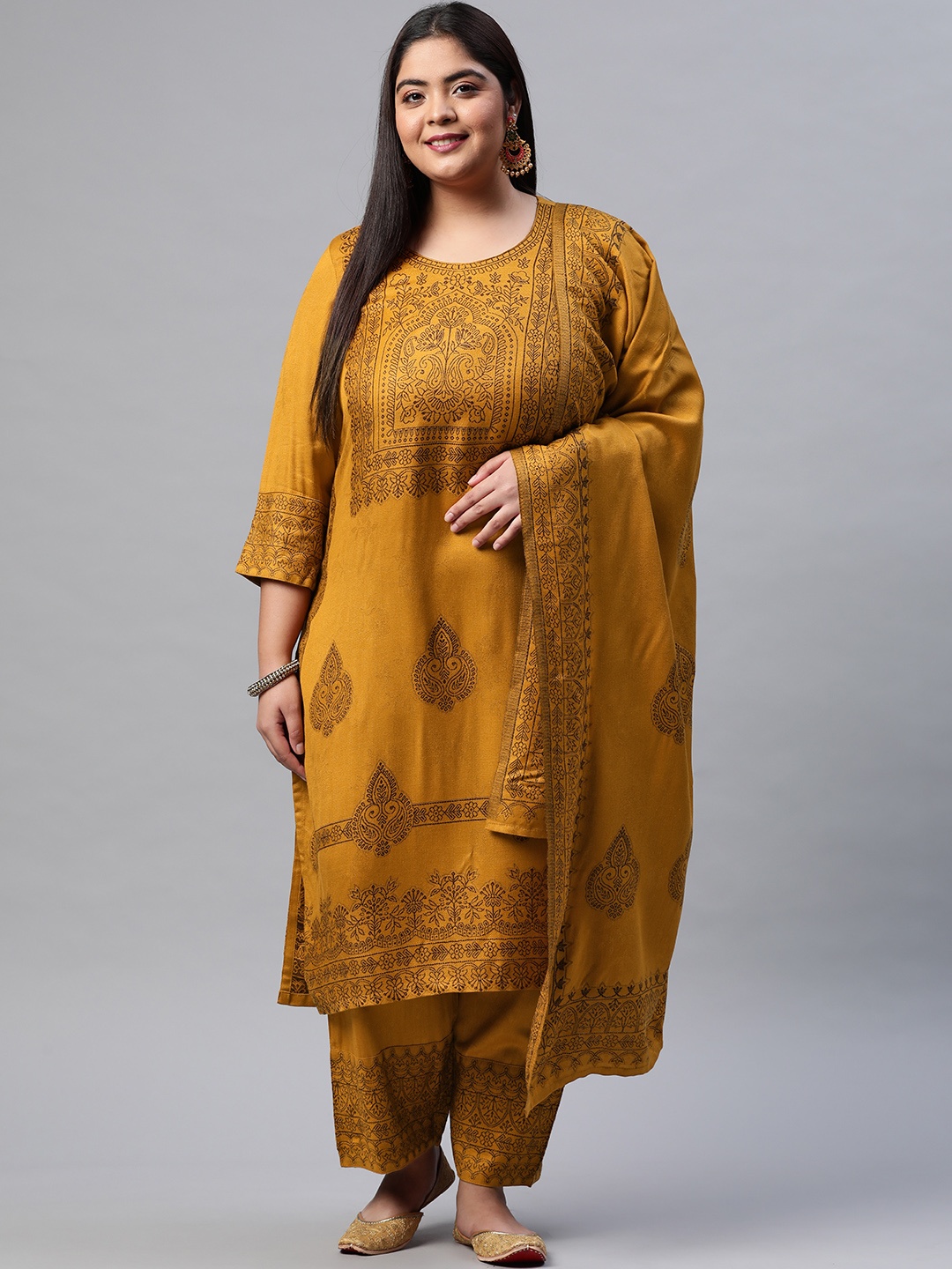 

Rangriti Women Mustard Yellow Ethnic Motifs Printed Regular Kurta with Trousers & With Dupatta