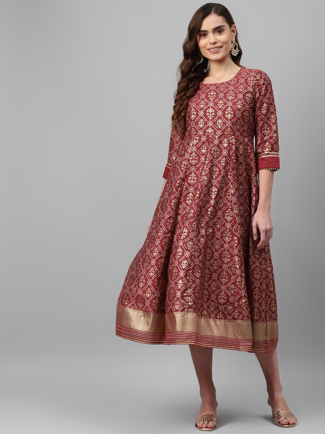 

Rangriti Maroon & Yellow Ethnic Motifs Ethnic Midi Dress