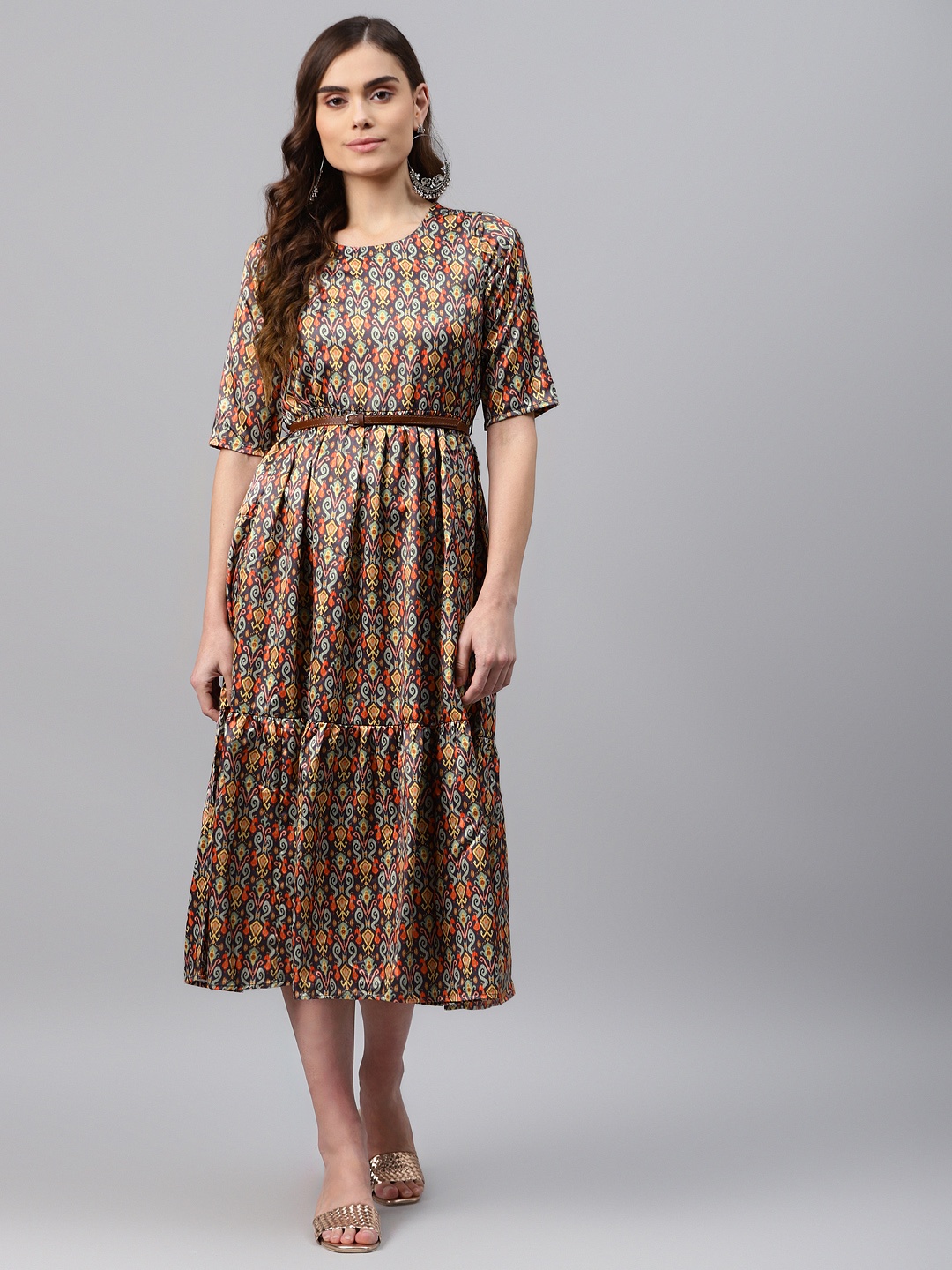 

Rangriti Brown Ethnic Motifs Printed Midi Dress