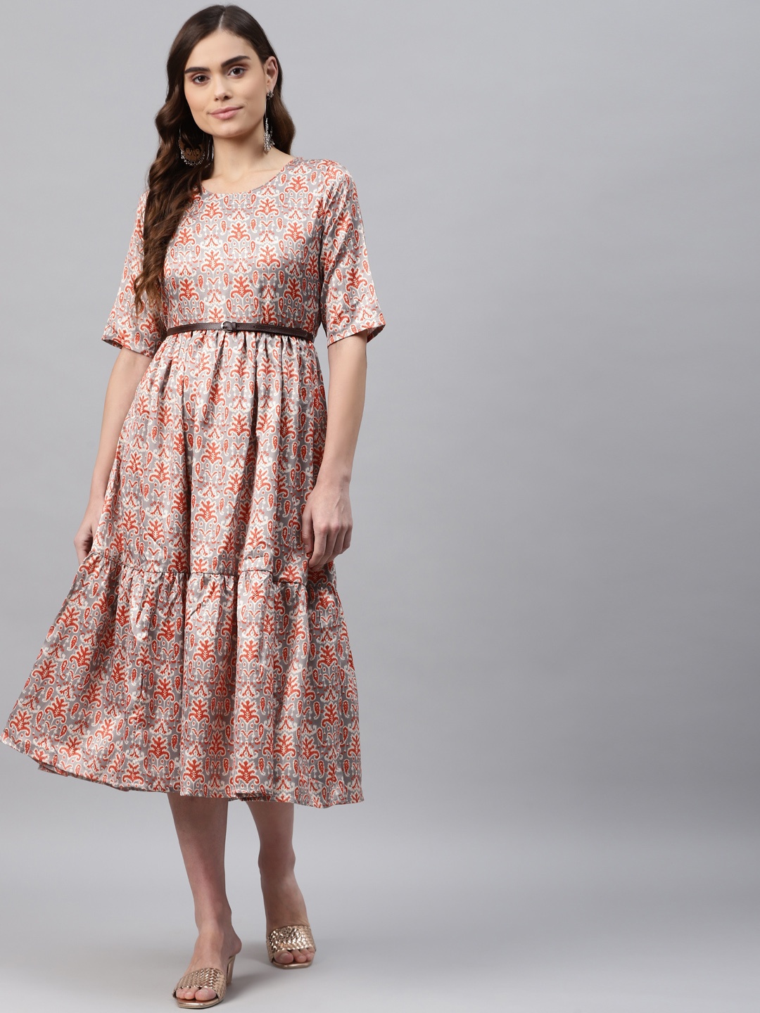 

Rangriti Grey & Red Ethnic Motifs Printed Midi Dress
