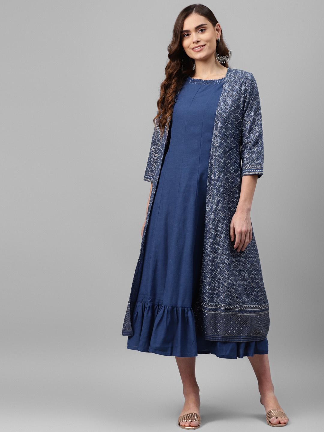 

Rangriti Navy Blue A-Line Midi Dress with Shrug