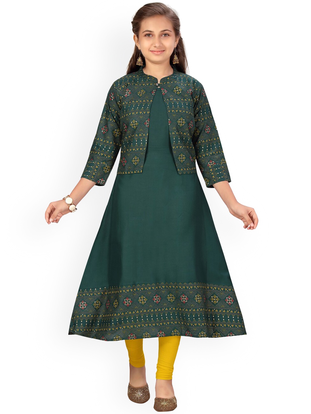 

Aarika Girls Green Printed Empire Pure Cotton Kurti with Churidar