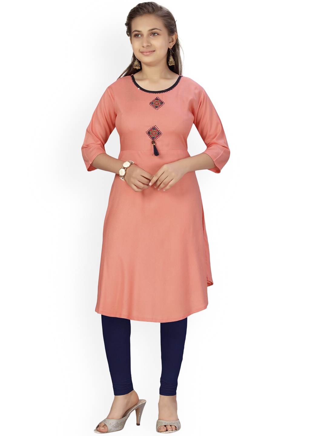 

Aarika Girls Peach Regular Flared Pure Cotton Kurti with Churidar