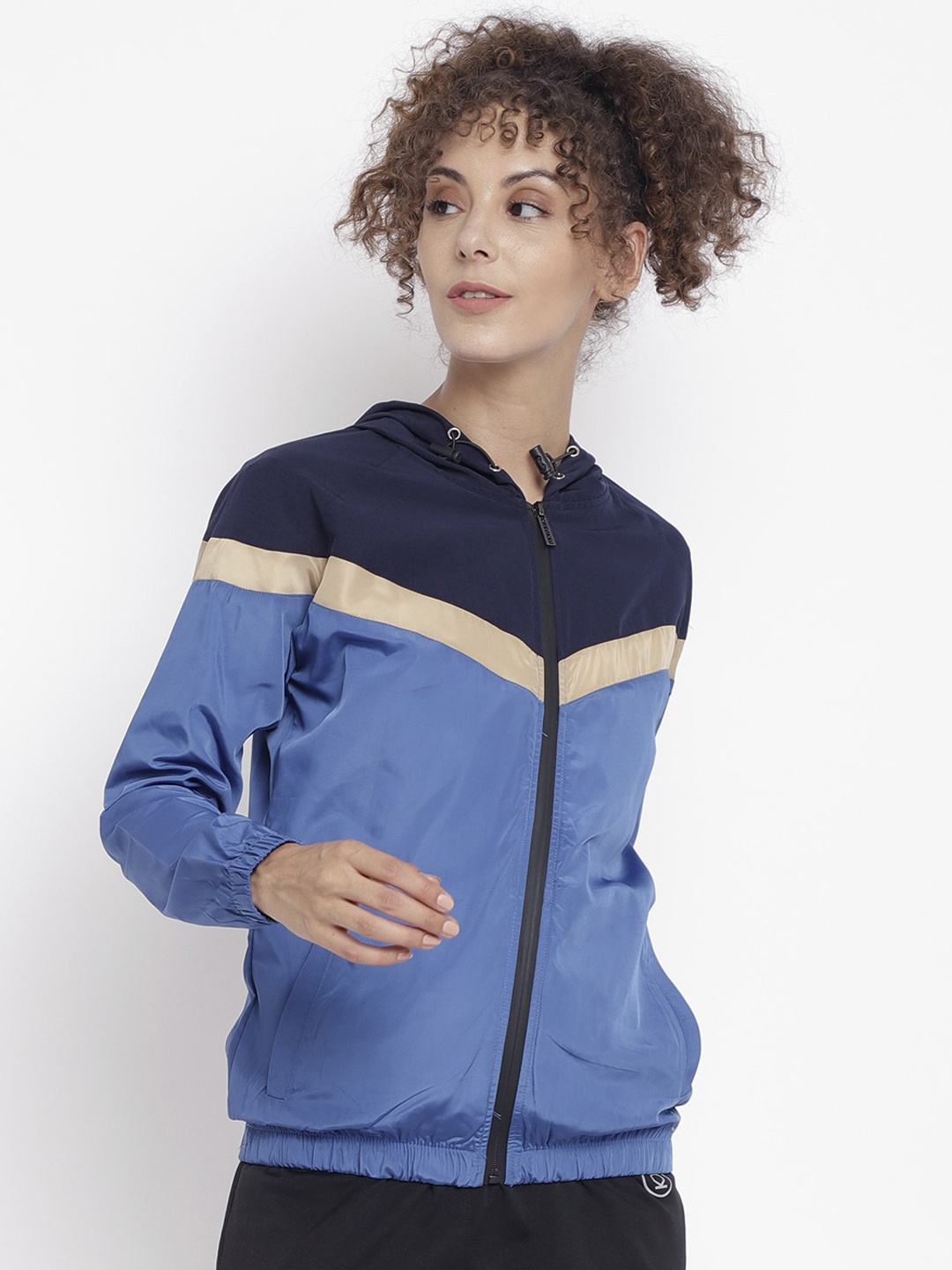

CHKOKKO Women Navy Blue Colourblocked Sporty Jacket