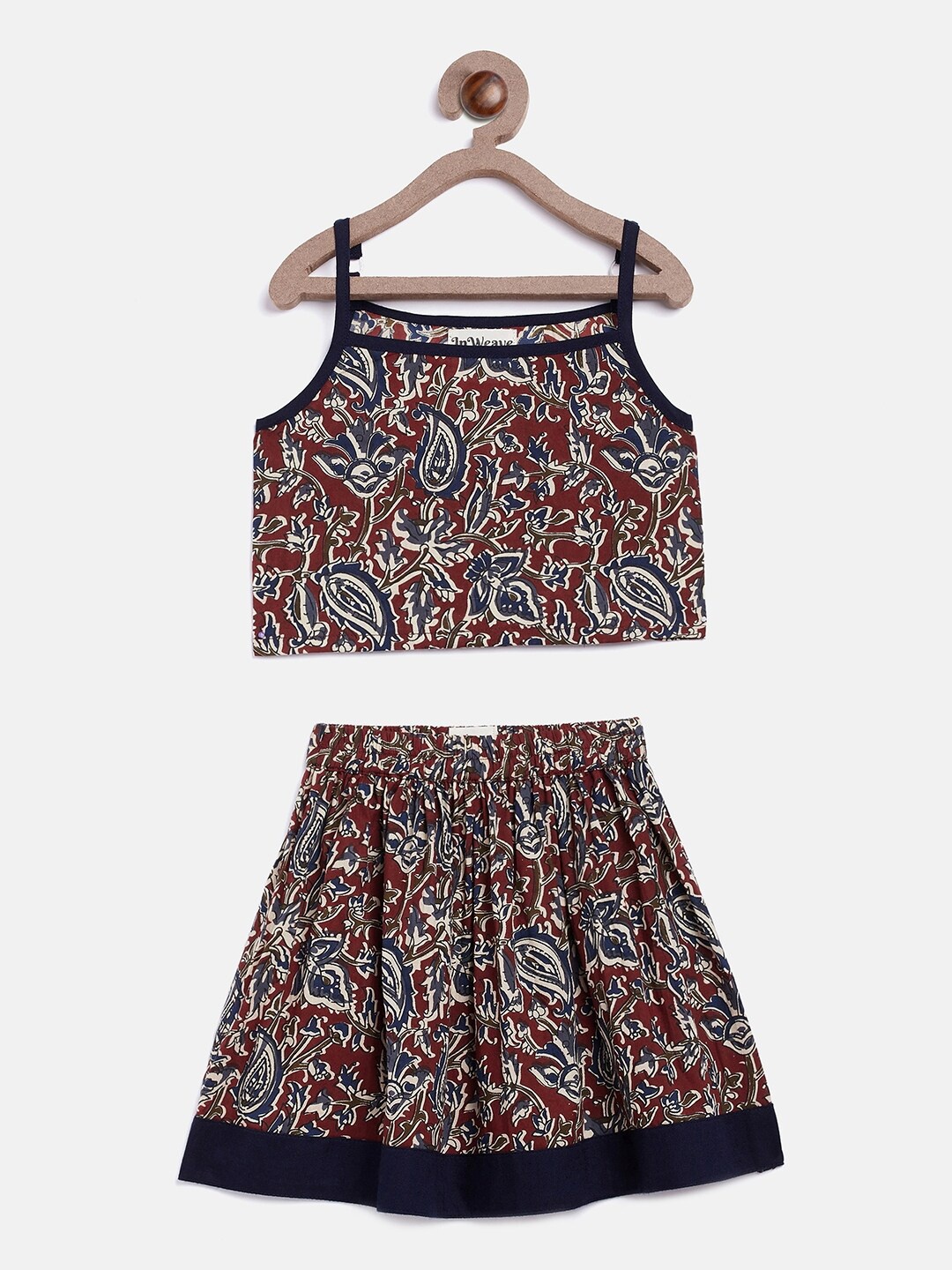

InWeave Girls Maroon & White Kalamkari Top with Skirt