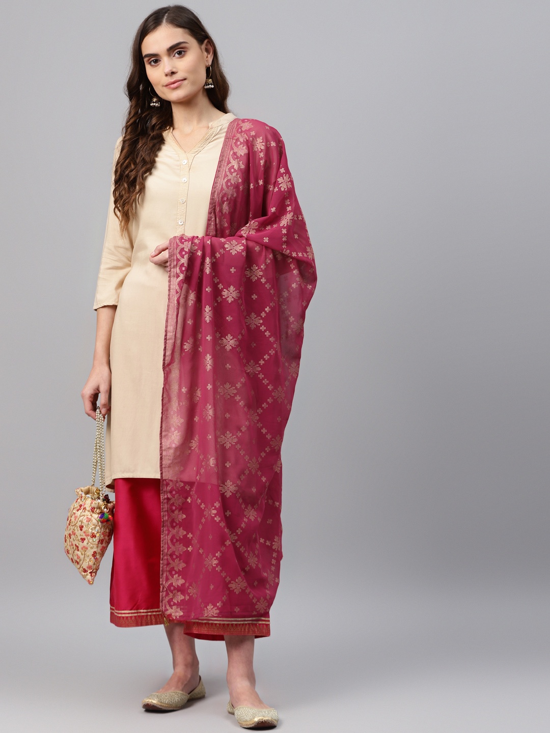

Rangriti Pink & Gold-Toned Ethnic Motifs Woven Design Dupatta