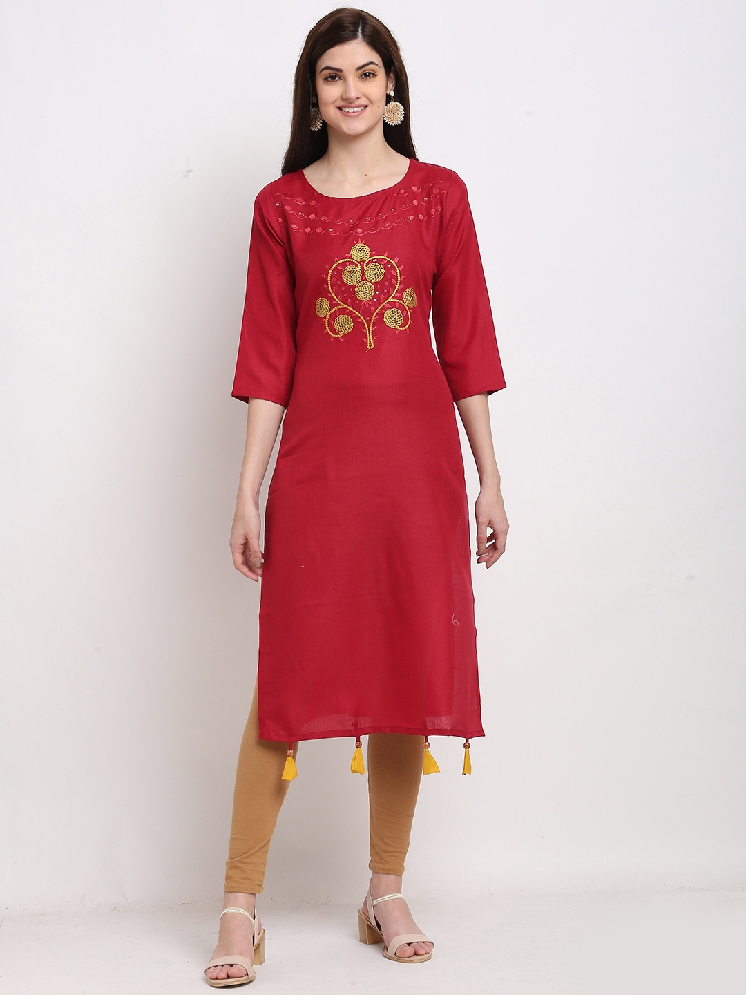 

Rajnandini Women Maroon & Gold-Toned Floral Embroidered Kurta