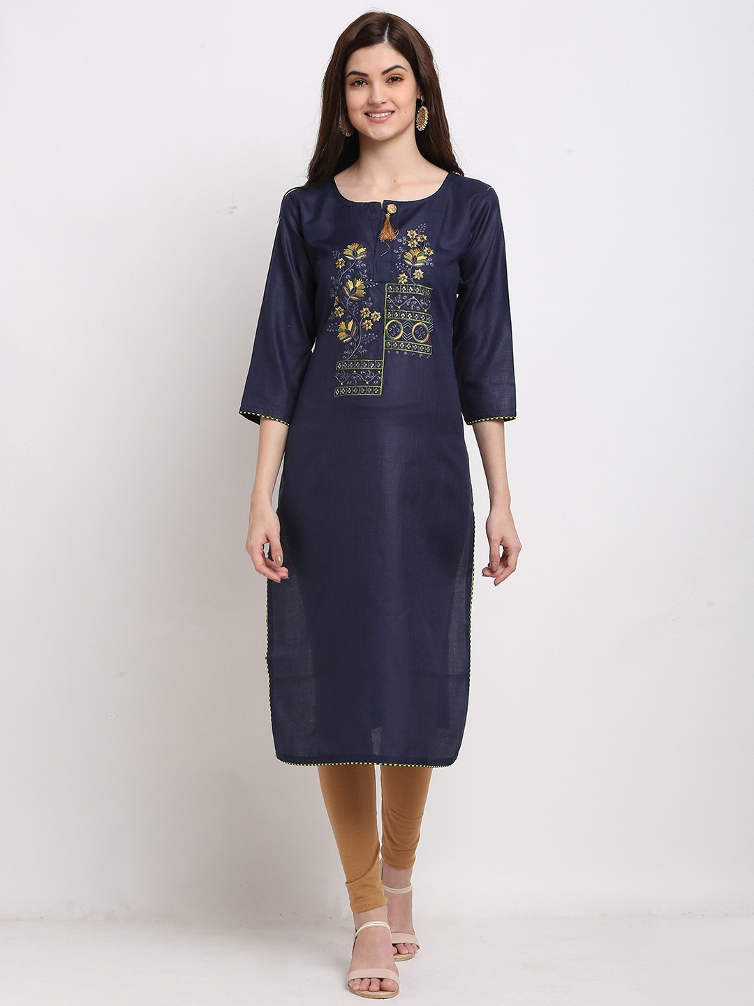 

Rajnandini Women Navy Blue & Yellow Floral Embroidered Kurta