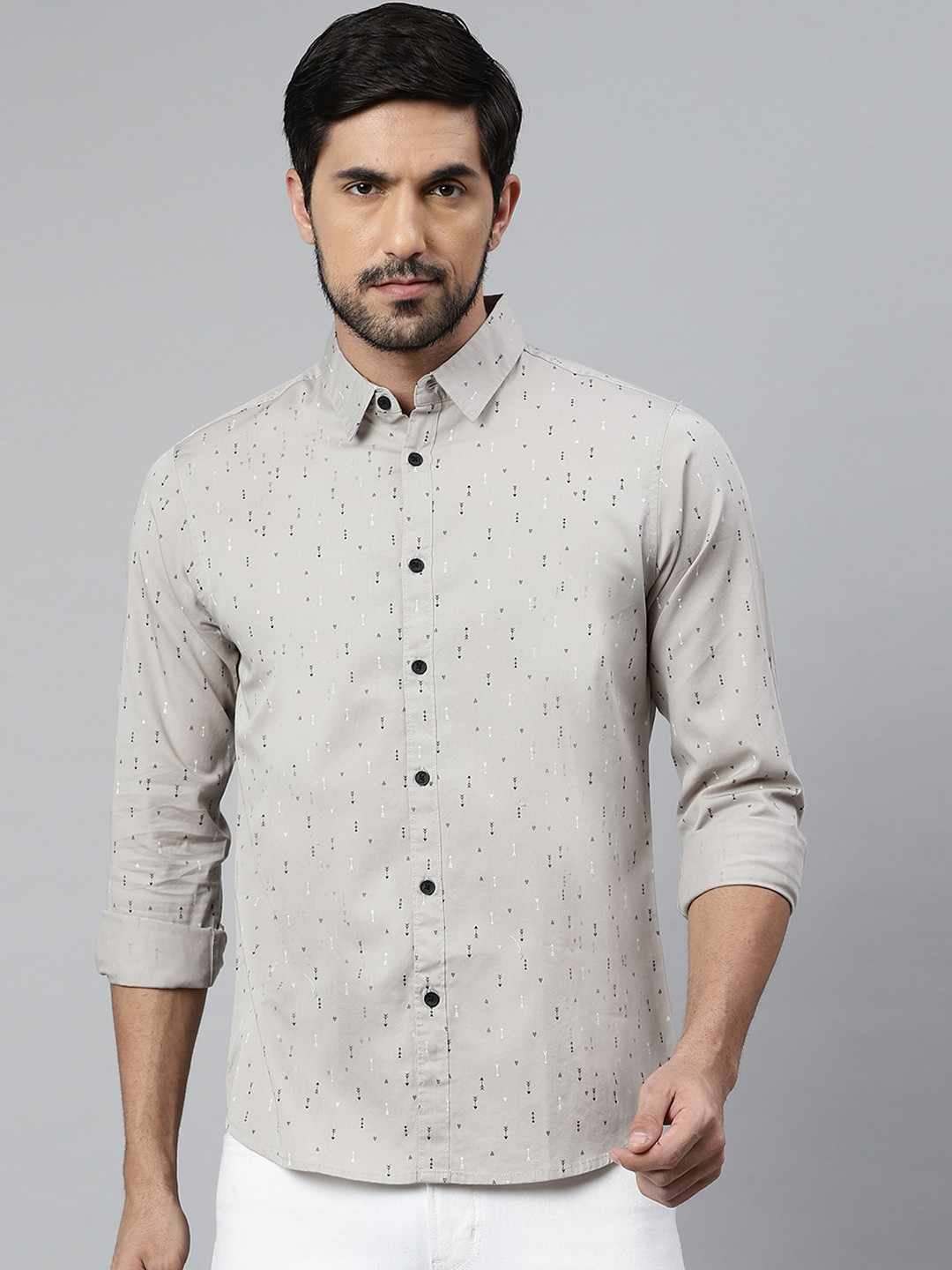 

Dennis Lingo Men Grey Comfort Slim Fit Opaque Printed Casual Shirt