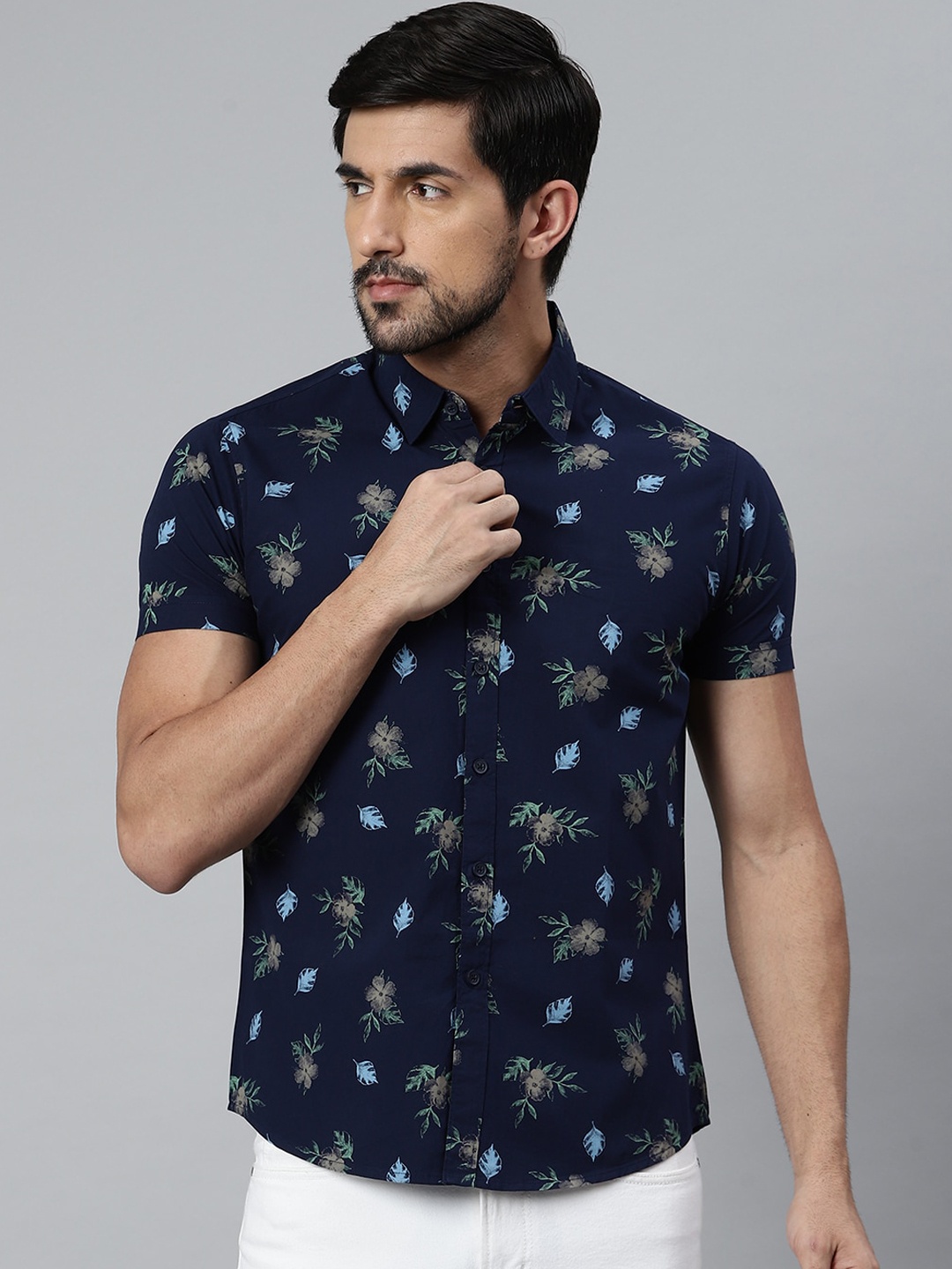 

Dennis Lingo Men Navy Blue Comfort Slim Fit Floral Opaque Printed Casual Cotton Shirt