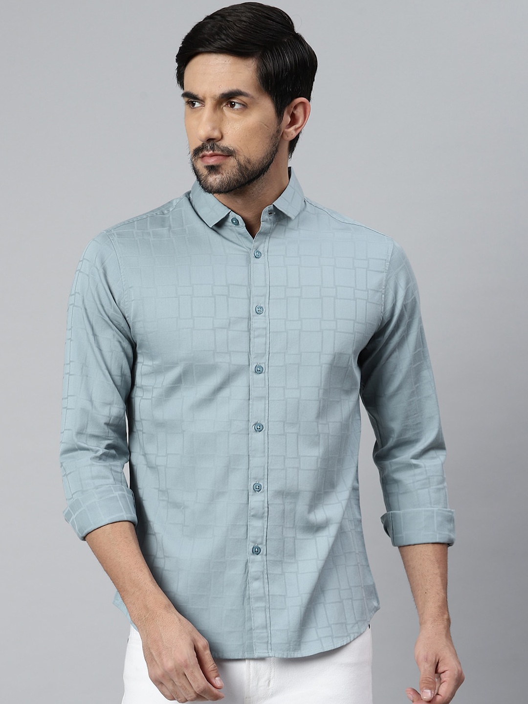 

Dennis Lingo Men Teal Comfort Slim Fit Grid Opaque Checked Casual Cotton Shirt