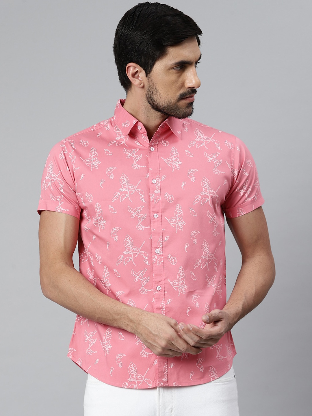 

Dennis Lingo Men Pink Comfort Slim Fit Floral Opaque Printed Casual Cotton Shirt