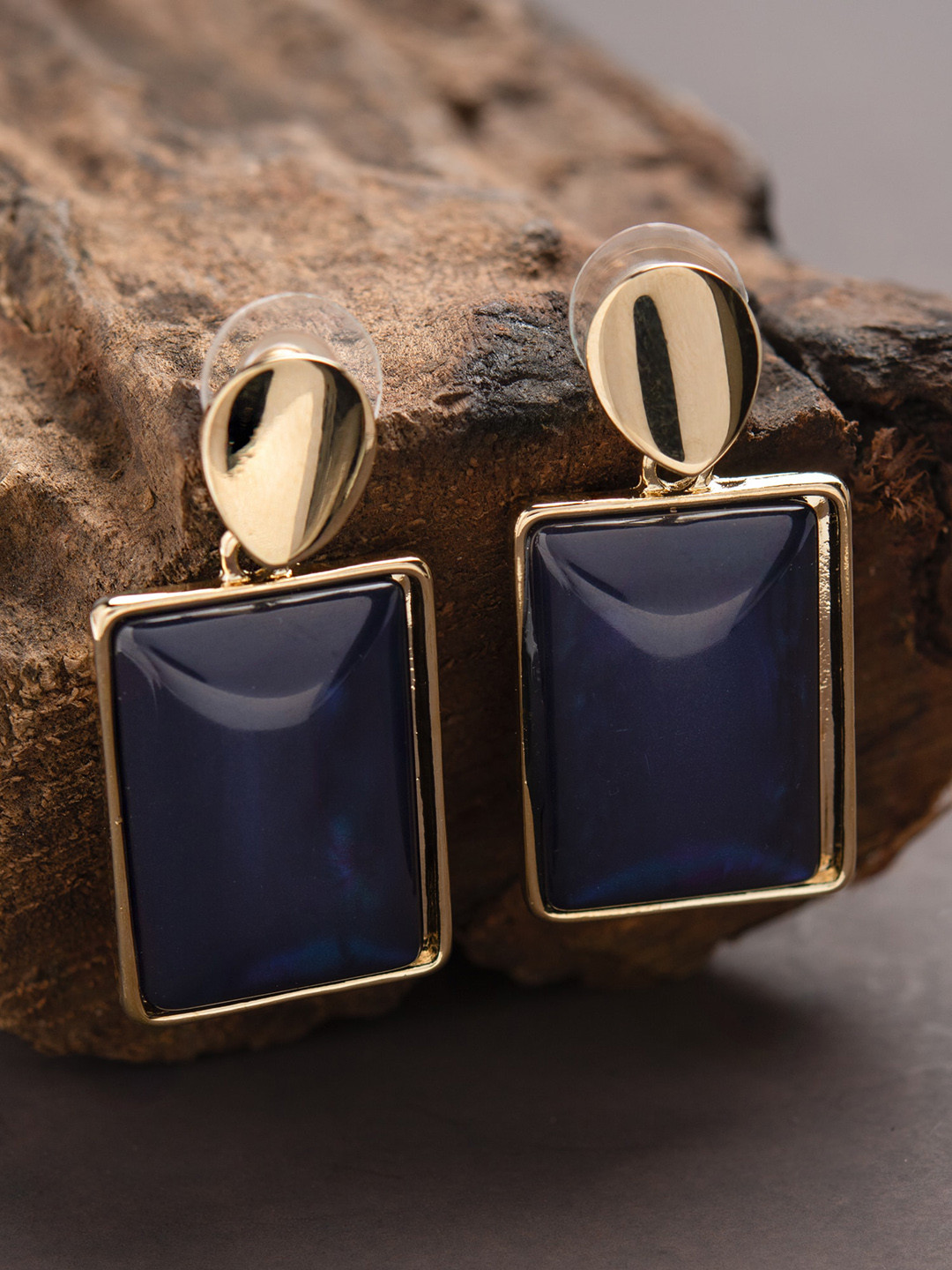 

E2O Navy Blue & Gold-Toned Contemporary Drop Earrings