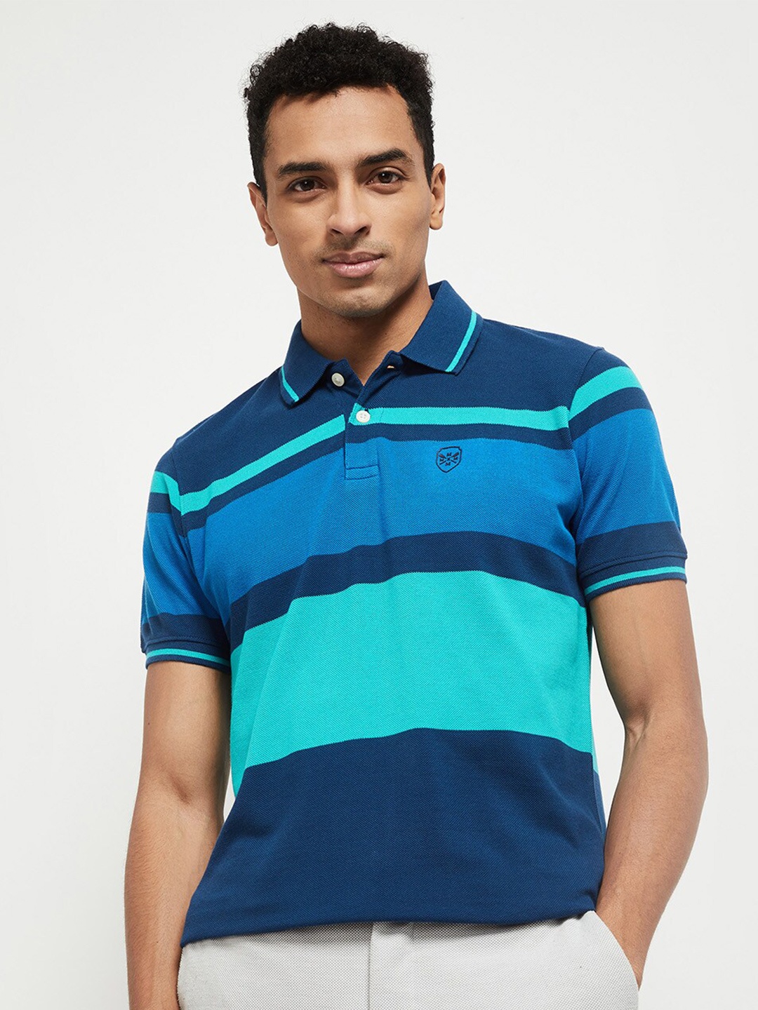 

max Men Blue Striped Polo Collar T-shirt