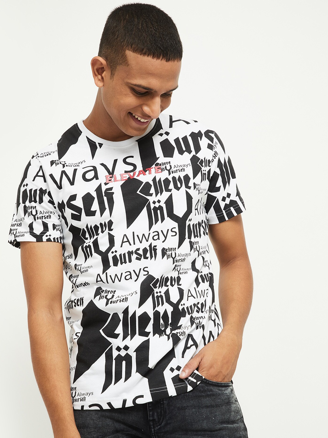 

max Men White Black Typography Printed Pure Cotton T-shirt