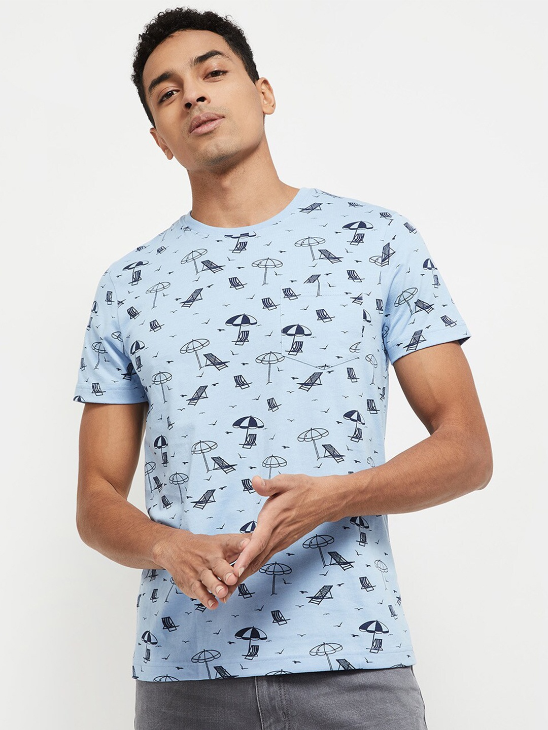 

max Men Blue Printed T-shirt