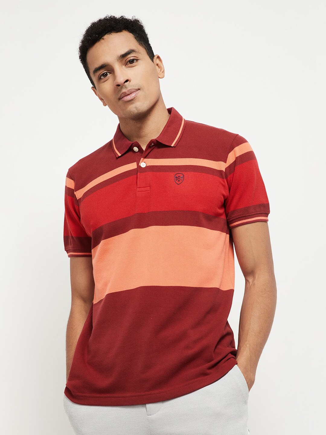 

max Men Maroon Striped Polo Collar T-shirt