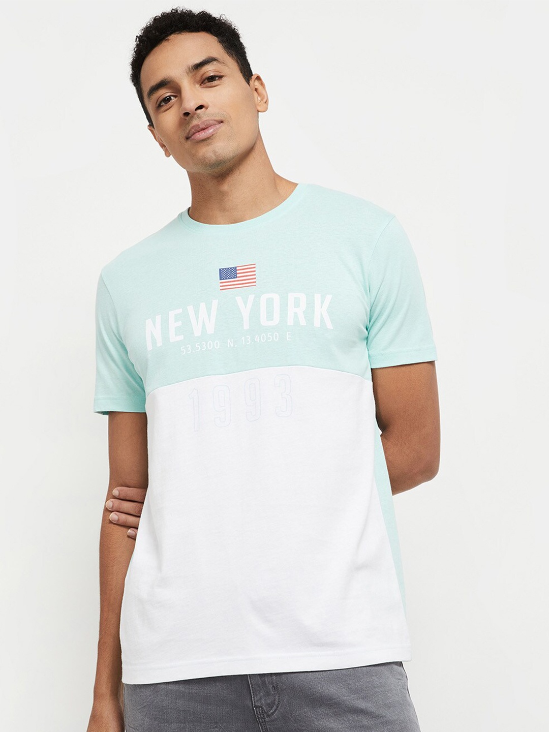 

max Men Turquoise Blue White Printed Pure Cotton T-shirt