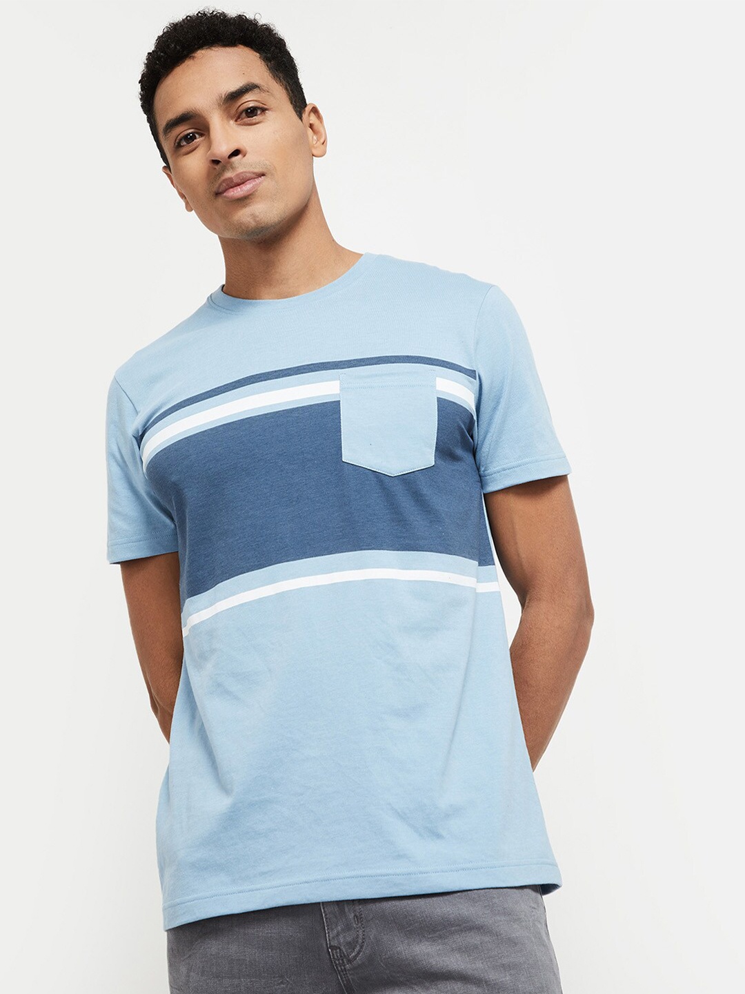 

max Men Blue Striped Pockets Pure Cotton T-shirt