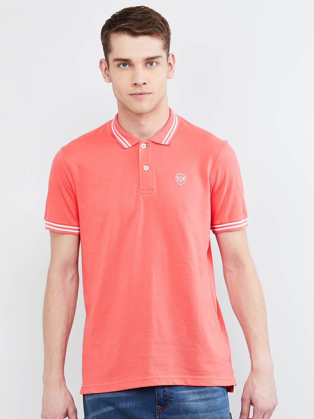 

max Men Coral Red Polo Collar T-shirt