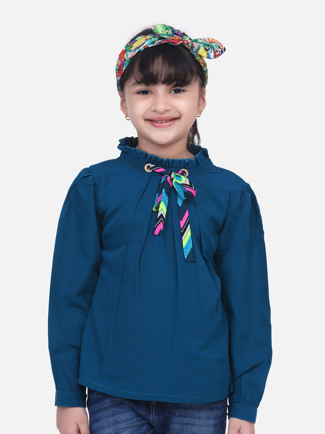 

Cutiekins Girls Teal High Neck Crepe Regular Top