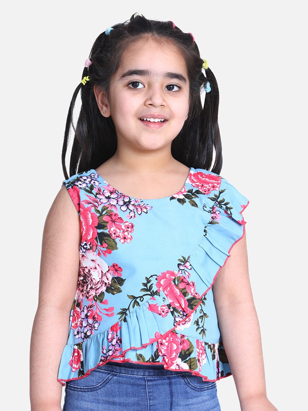 

Cutiekins Blue Floral Ruffles Crepe Peplum Top