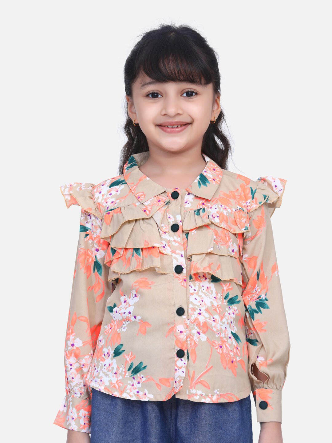 

Cutiekins Beige Floral Printed Ruffles Crepe Shirt Style Top