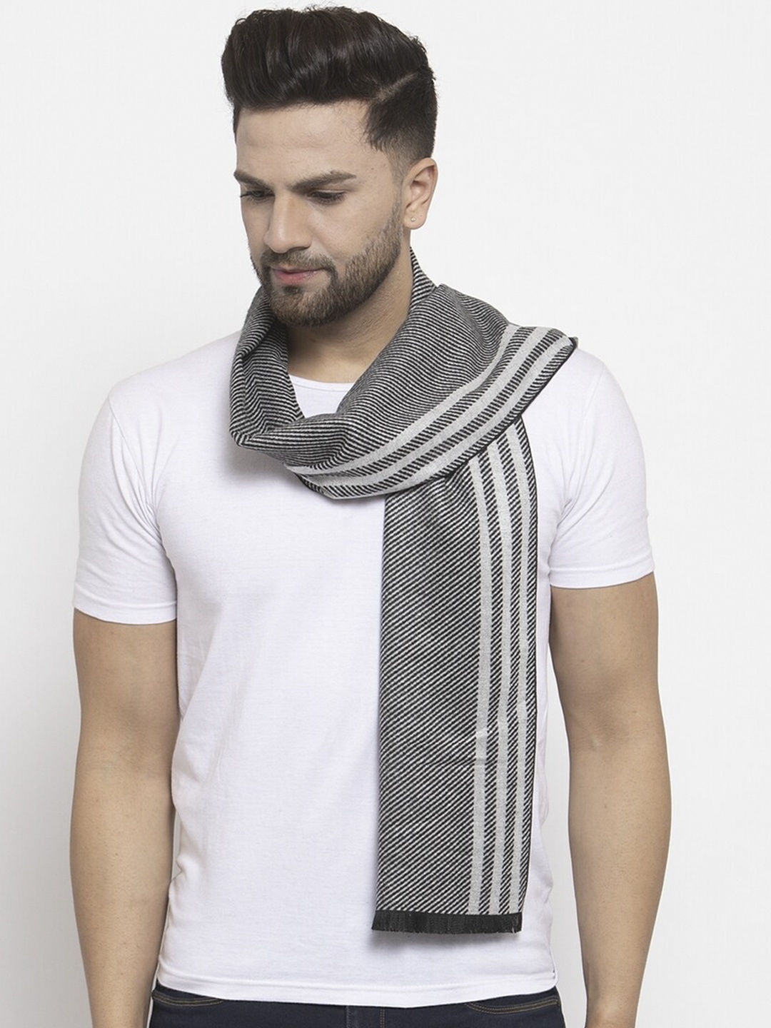 

Calvadoss Men Black & Grey Striped Muffler