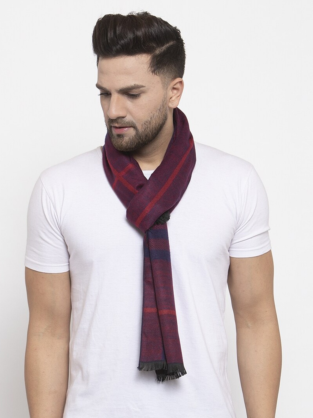 

Calvadoss Men Maroon & Red Checked Merino Wool Muffler