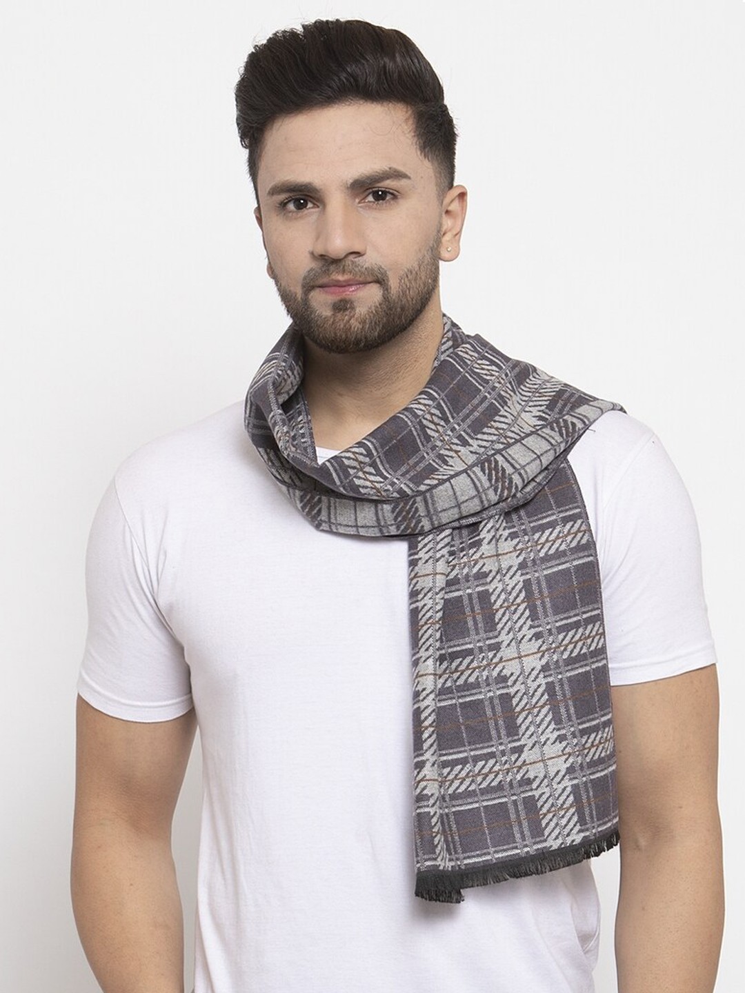 

Calvadoss Men Grey & Brown Checked Muffler