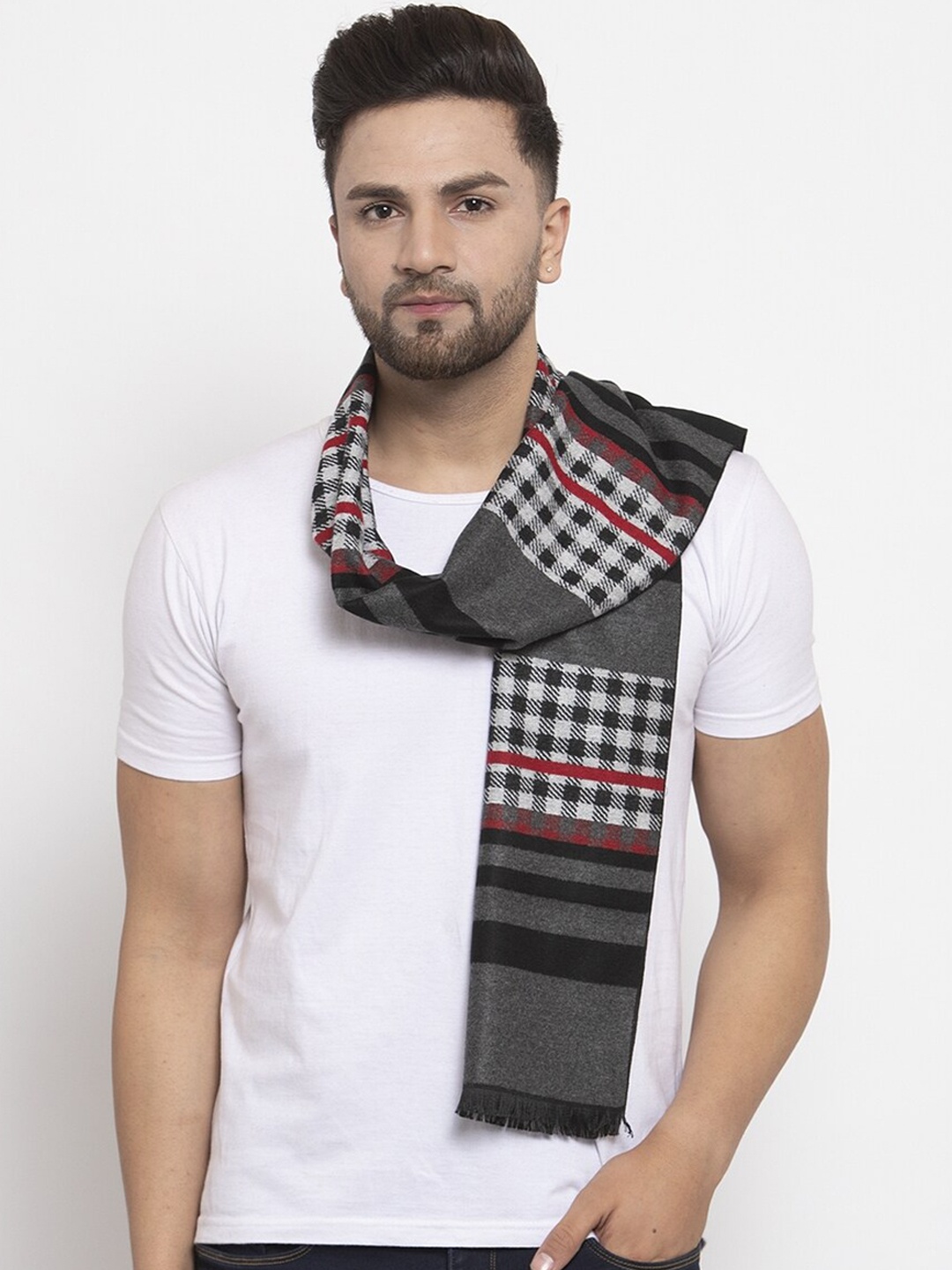

Calvadoss Men Grey & Black Checked Muffler