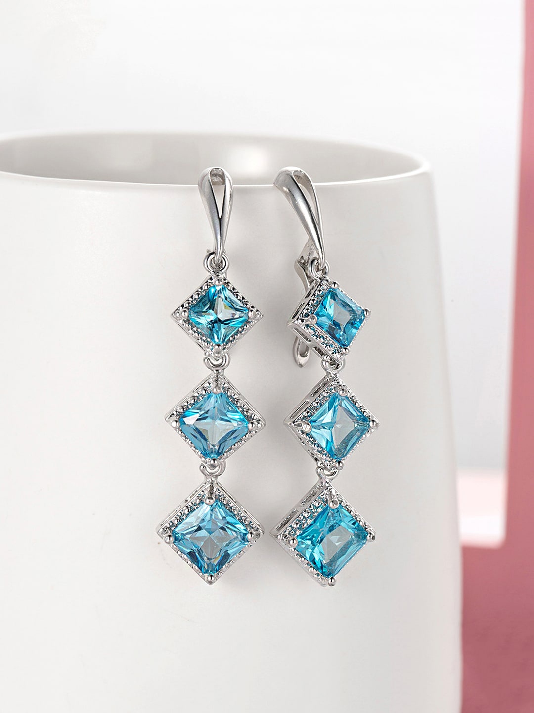 

Yellow Chimes Silver-Plated & Blue Square Drop Earrings