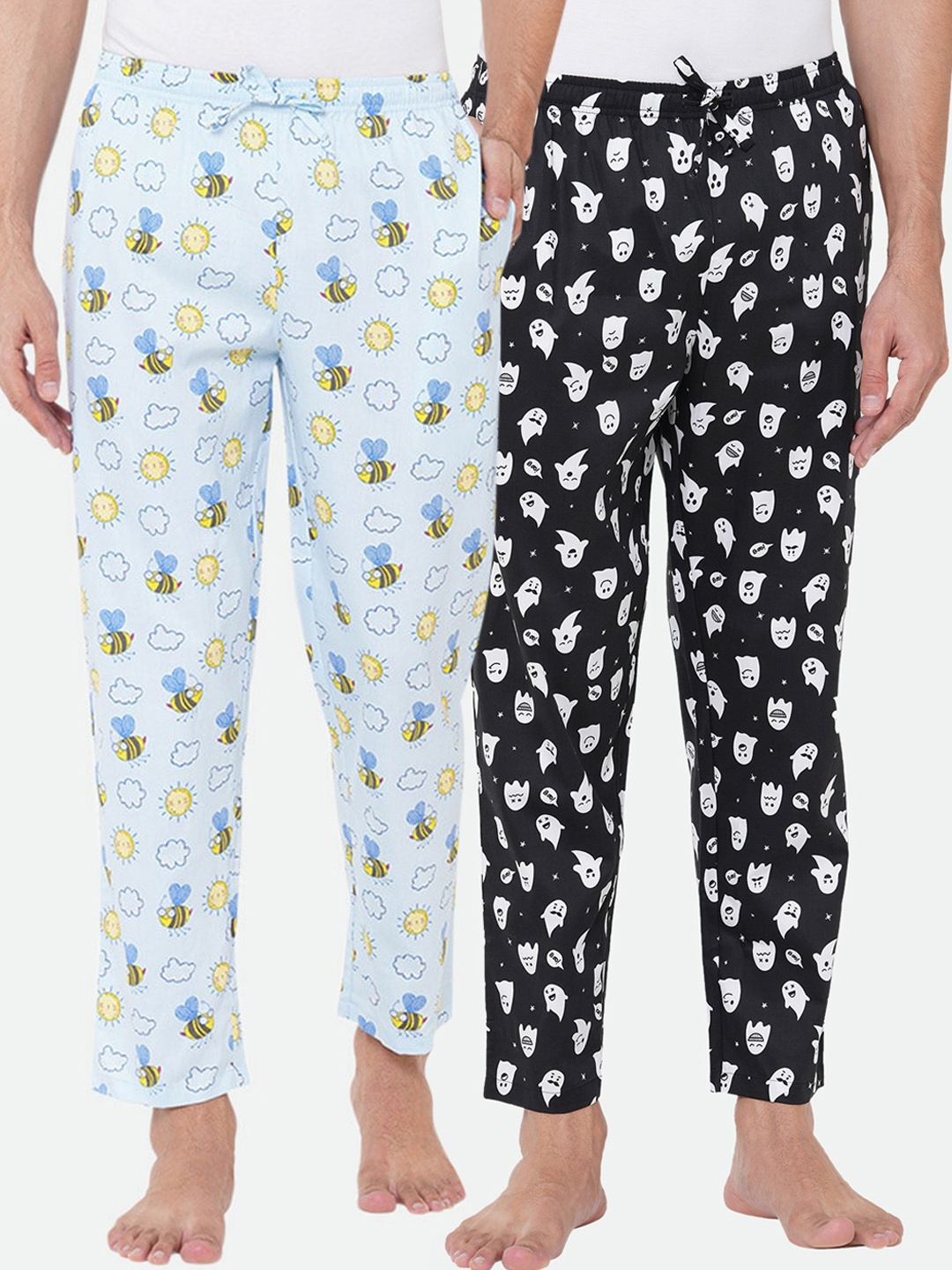 

CASA DE NEENEE NEENEE Men Set Of 2 Blue & Black Printed Cotton Lounge Pants