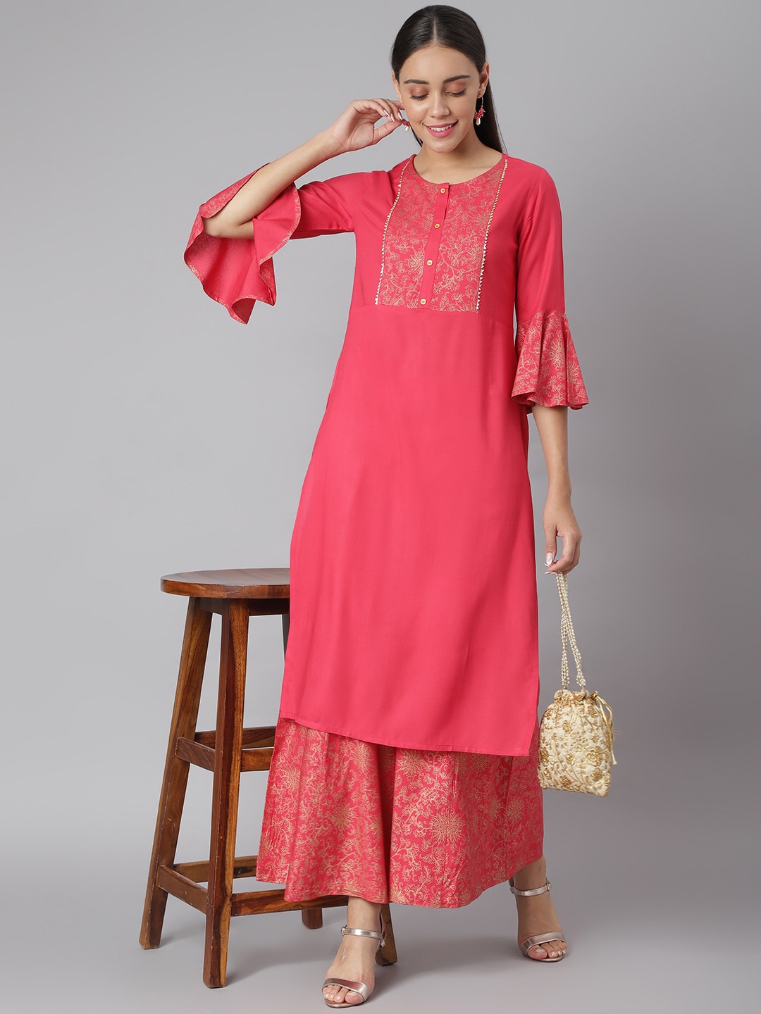 

Khushal K Women Pink Ethnic Motifs Yoke Design Regular Kurta with Palazzos