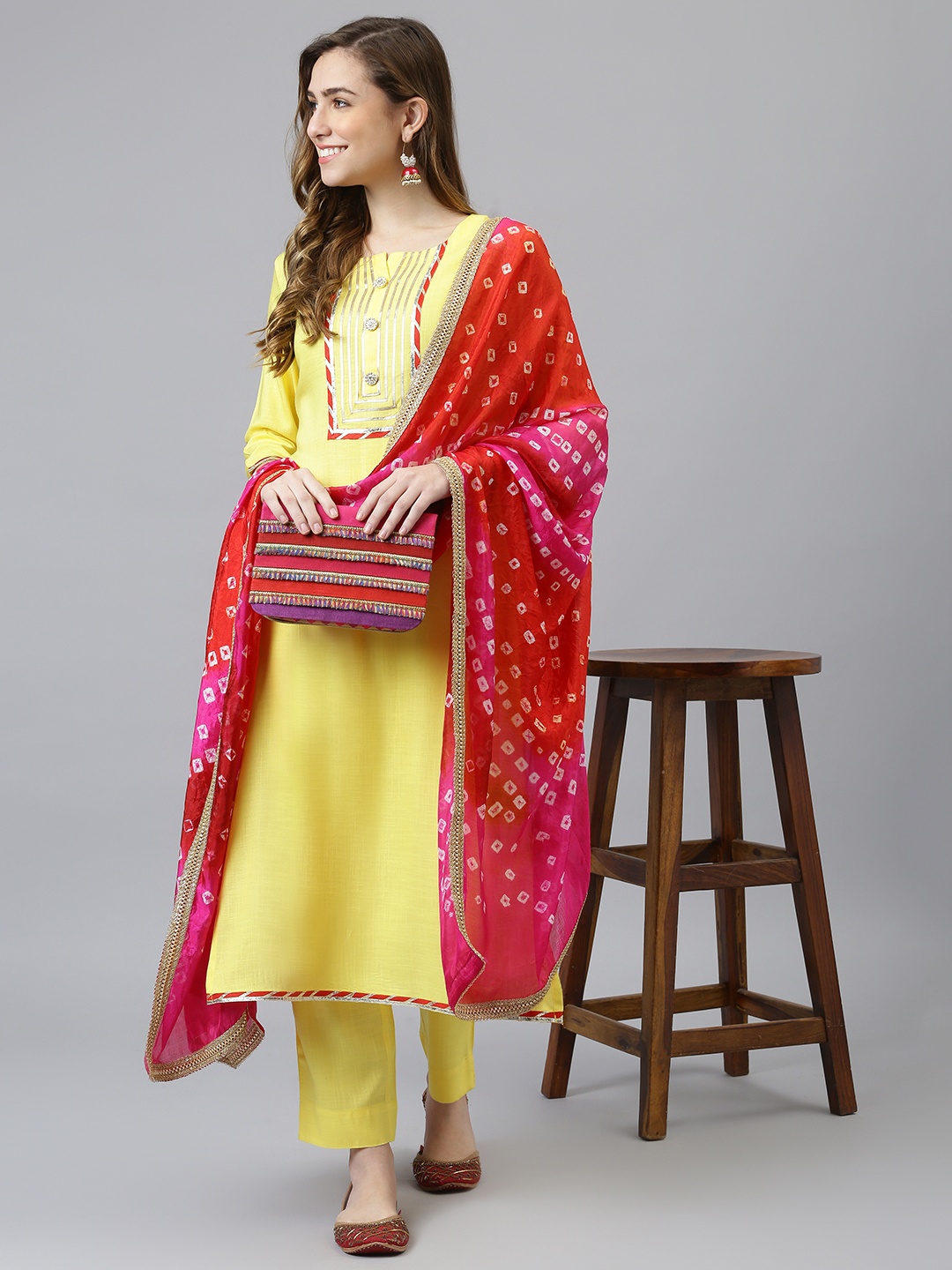 

Khushal K Women Yellow Floral Yoke Design Regular Gotta Patti Kurta with Trousers & With Dupatta