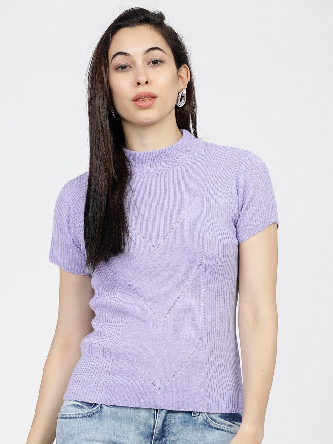 

Tokyo Talkies Women Lavender Ribbed Pullover Sweater