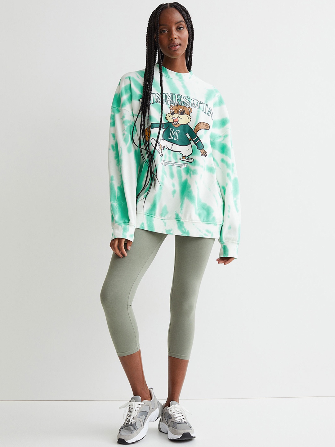 

H&M Women Green & White Oversized Sweatshirt