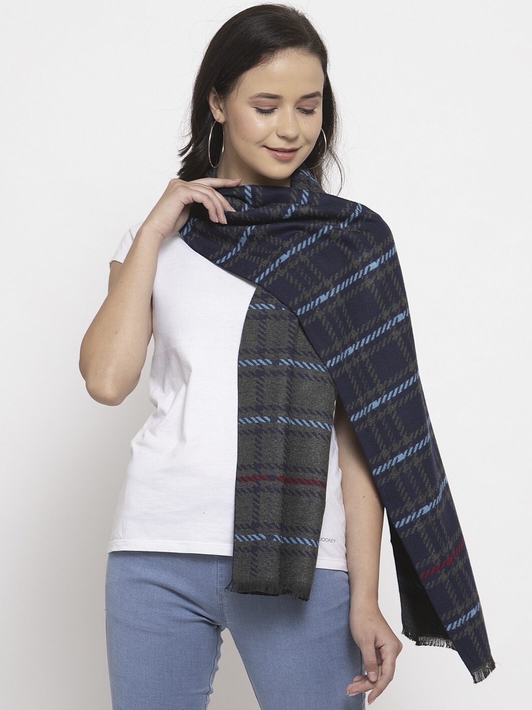 

Calvadoss Women Navy Blue & Grey Checked Muffler