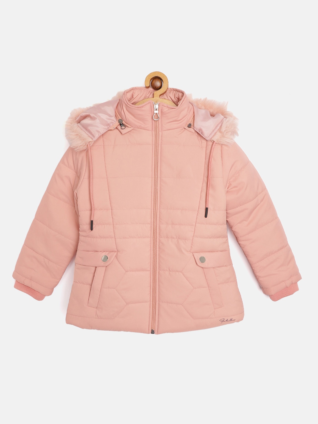 

Fort Collins Girls Peach-Coloured Insulator Faux Fur Trim Hooded Padded Jacket