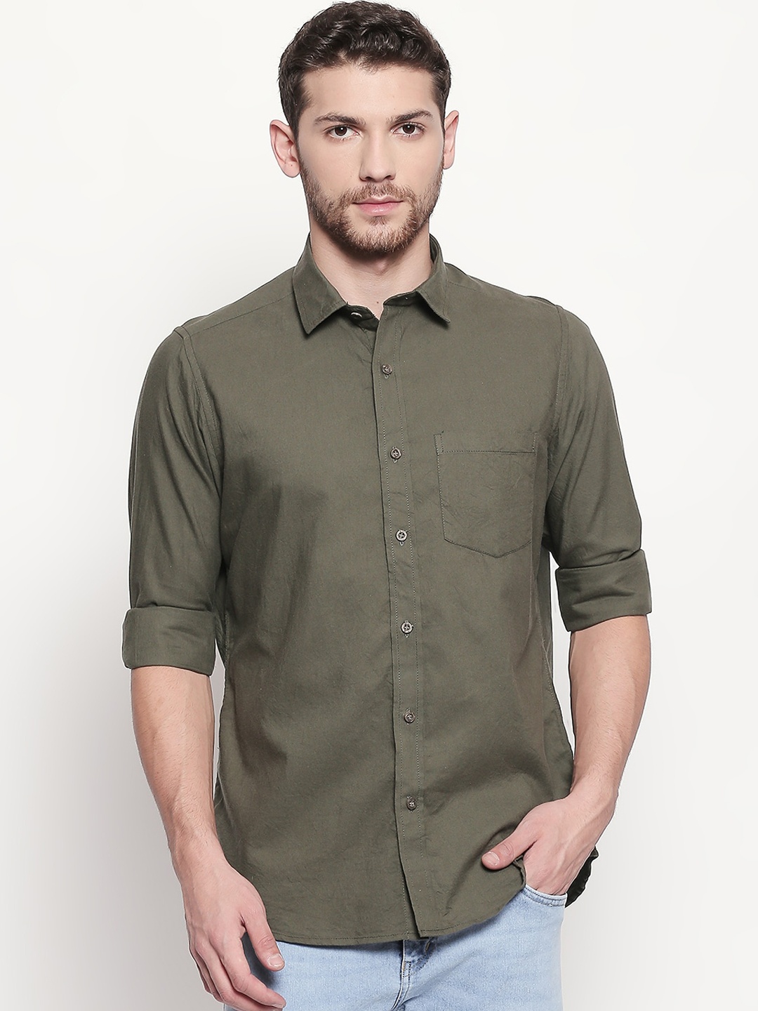

EVOQ Men Olive Green Opaque Casual Shirt